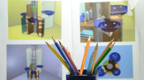 Colored pencils in designer studio Stock Footage 41761413