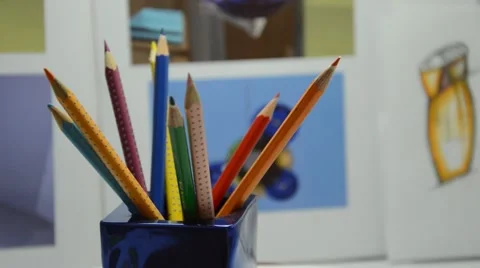 Colored pencils in designer studio Stock Footage 41761433