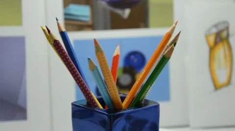 Colored pencils in designer studio Stock Footage 41761478