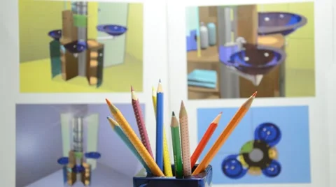 Colored pencils in designer studio Stock Footage 41761534