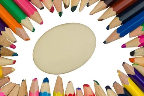 Colored pencils with a eraser in the middle Stock Photos