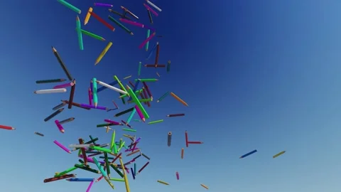 Colored pencils fall against the blue sky. Video stock 149858441