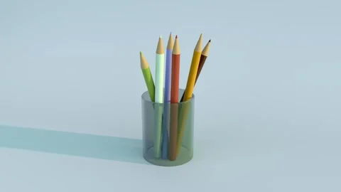 Colored pencils falling in transparent holder on pastel background Stock Footage 343780597