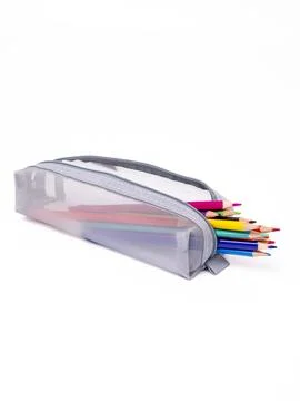 Colored pencils in a gray pencil case on a white background Stock Photos