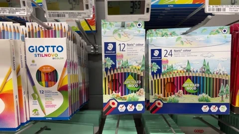 Colored pencils packaged of various kinds and brand Stock Footage 264535846