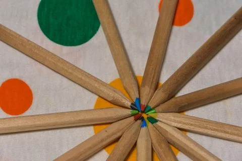 Colored pencils placed like rays. like a sun Stock Photos