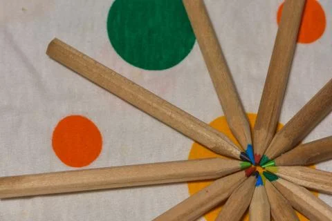 Colored pencils placed like rays. like a sun Stock Photos