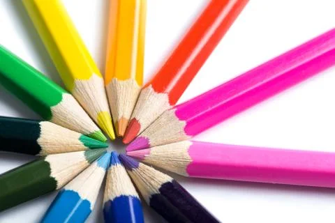 Colored pencils in round shape isolated Stock Photos