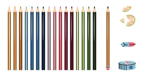 Colored Pencils Set with Sharpener, Eraser and Pencil Shavings in Flat Design Stock Illustration