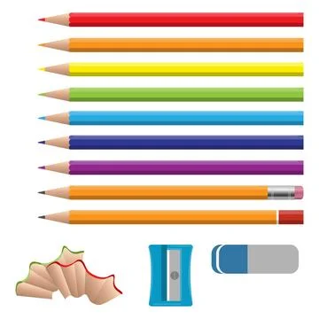 Colored pencils set with sharpener eraser and wood shavings vector school Stock Illustration