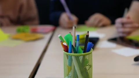 Colored pencils stand in a stand in a close-up view Stock Footage 152008258