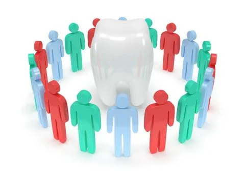 Colored people around tooth. 3D render. Stock Illustration