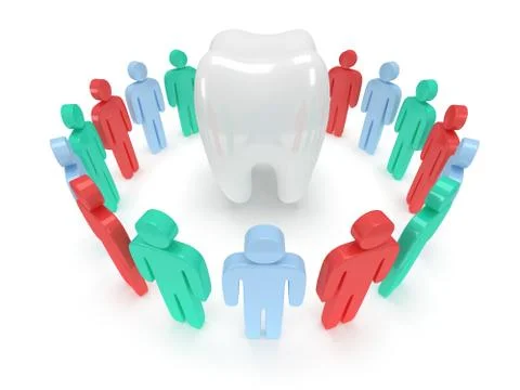 Colored people around tooth. 3D render. Stock Illustration