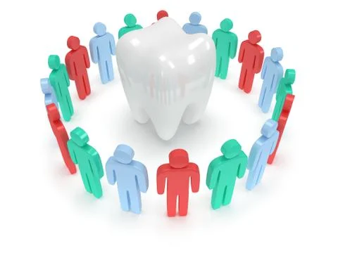 Colored people around tooth. 3D render. Stock Illustration