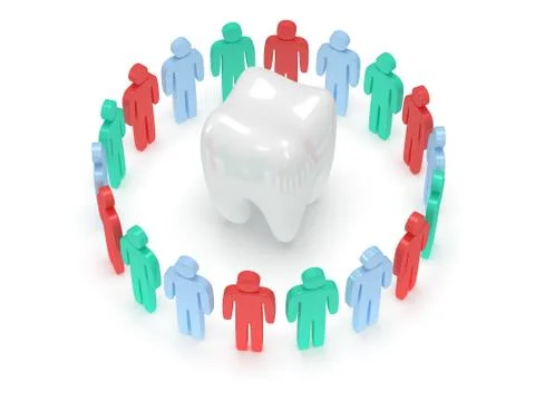 Colored people around tooth. 3D render. Stock Illustration