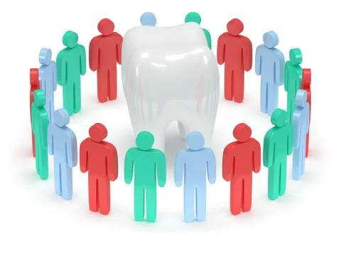 Colored people around tooth. 3D render. Stock Illustration