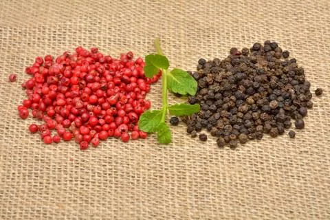 Colored peppers on old canvas background Stock Photos