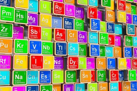 Colored Periodic Table of the Elements, 3D rendering Stock Illustration