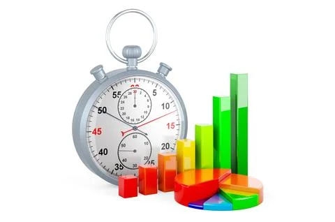 Colored pie chart and bar graph with stopwatch. Time management concept, 3D.. Stock Illustration