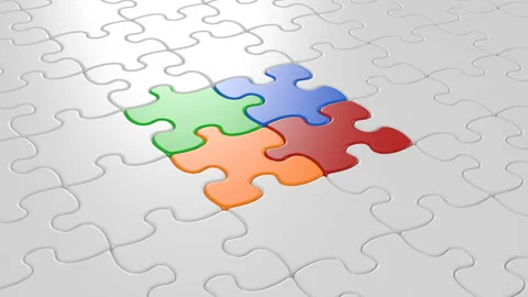 Colored Pieces of Puzzle Falling in the Center. Business Cooperation Concept Stock Footage 90306205