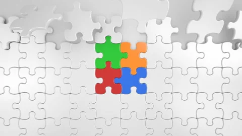 Colored Pieces of Puzzle Falling in the Center. 3d Animation Business Stock Footage 90307918