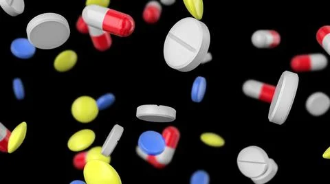 Colored pills of different shapes are falling on a black background. Pharmace Stock Photos