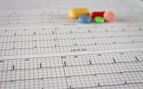 Colored pills on an electrocardiogram paper. Medications for cardiac patients Stock Photos