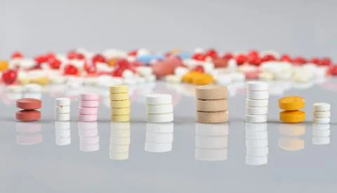 Colored pills on the table Stock Photos