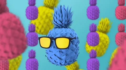 Colored pineapple in orange glasses, mint blue background Stock Footage 102528245