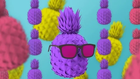 Colored pineapple in purple glasses, mint blue background Stock Footage 102528161