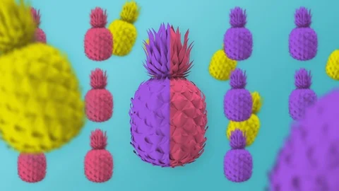 Colored pineapples, blue mint background, spinning colorful fruits, minimal, zin Stock Footage 102305570