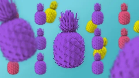 Colored pineapples, blue mint background, spinning colorful fruits, minimal, zin Stock Footage 102305585
