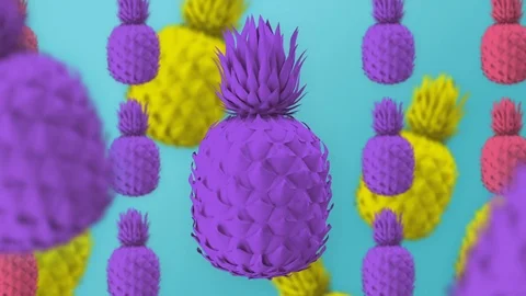 Colored pineapples, blue mint background, spinning colorful fruits, minimal, zin Stock Footage 102305699