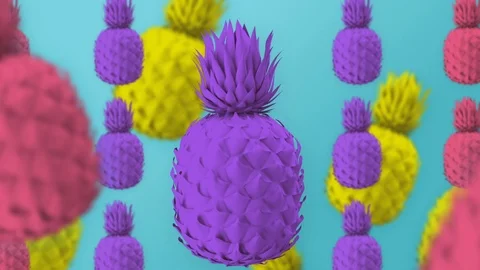 Colored pineapples, blue mint background, spinning colorful fruits, minimal, zin Stock Footage 102305760