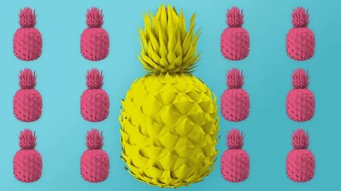 Colored pineapples, blue mint background, spinning colorful fruits, minimal, zin Stock Footage 102306093