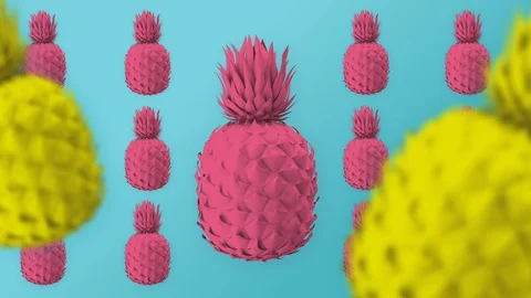 Colored pineapples, blue mint background, spinning colorful fruits, minimal, zin Stock Footage 102306156