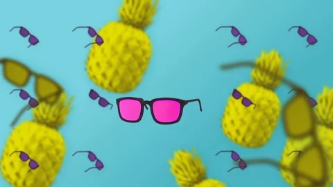 Colored pineapples, mint blue background, rotating colorful fruits and glasses Stock Footage 102528396