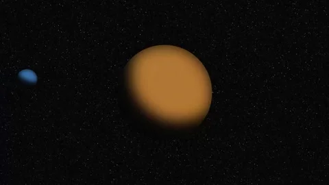 Colored planet with two satellites spinning around with different trajectorie Stock Footage 217370055