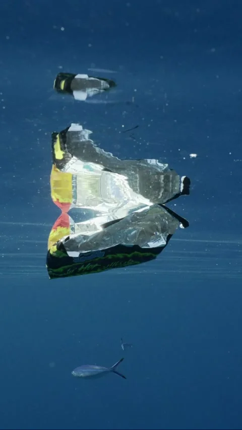 Colored plastic bag floats underwater on blue surface of water Stock Footage 236194318