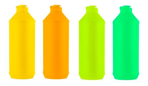 Colored plastic bottle with liquid laundry detergent Stock Photos