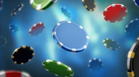 Colored plastic chip mockup no gravity, blue blur background Stockillustratie