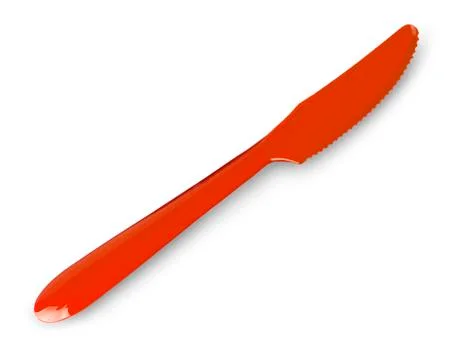 Colored plastic fork and knife isolated on white background. Stock Photos