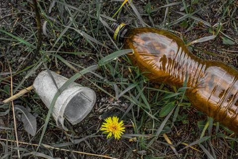 Colored plastic garbage, plastic tableware in the grass, environmental pollution Stock Photos
