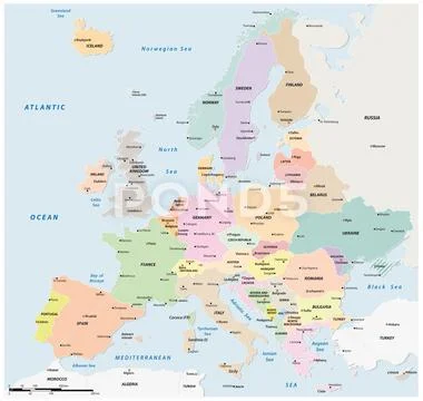 Colored political vector map of European states Illustration #233574448