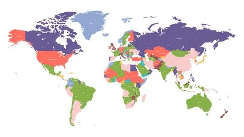 Colored Political World Map Vector Editable High Resolution Global Country .. Stock Illustration