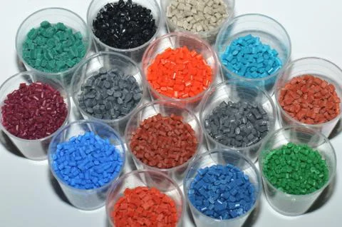 Colored polymer resind in lab Foto stock