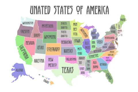 Colored Poster map of United States of America with state names. Stock Illustration