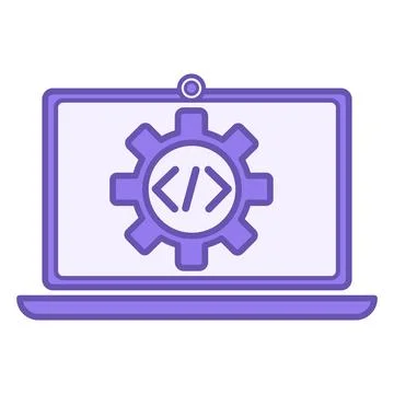Colored Programming Icon. Vector Icon of Laptop, Code, and Gear. Technology.. Stock-Illustration