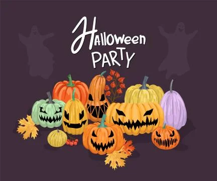 Colored pumpkins and casts with lettering Halloween party. Vector cartoon Stock Illustration