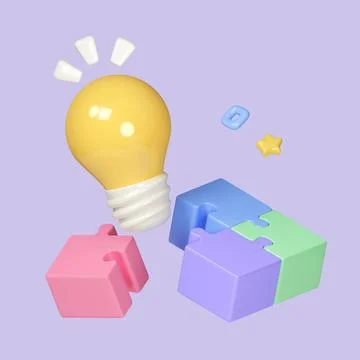 Colored puzzle jigsaw cube model with light bulb on pastel background. Teamwork Stock Illustration